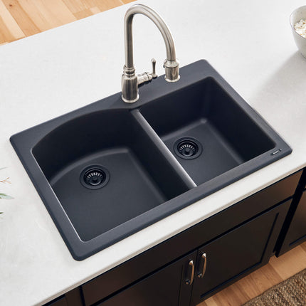 Ruvati 33 x 22 inch epiGranite Dual-Mount Granite Composite Double Bowl Kitchen Sink - Midnight Black - RVG1344BK Ruvati