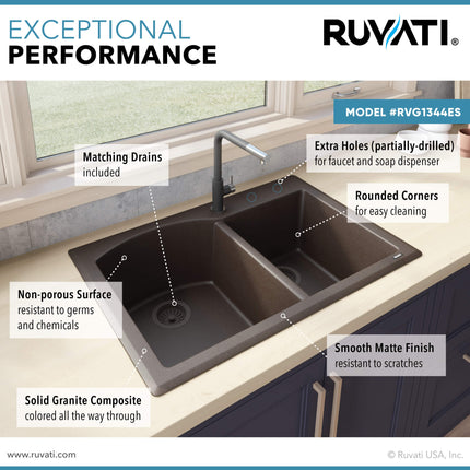 Ruvati 33 x 22 inch epiGranite Dual-Mount Granite Composite Double Bowl Kitchen Sink - Espresso Brown - RVG1344ES Ruvati
