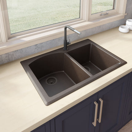 Ruvati 33 x 22 inch epiGranite Dual-Mount Granite Composite Double Bowl Kitchen Sink - Espresso Brown - RVG1344ES Ruvati