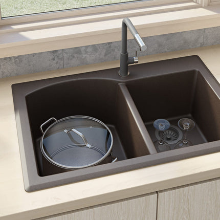 Ruvati 33 x 22 inch epiGranite Dual-Mount Granite Composite Double Bowl Kitchen Sink - Espresso Brown - RVG1344ES Ruvati