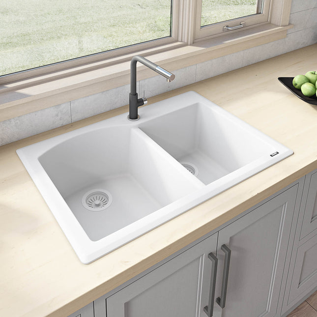 Ruvati 33 x 22 inch epiGranite Dual-Mount Granite Composite Double Bowl Kitchen Sink - Arctic White - RVG1344WH Ruvati