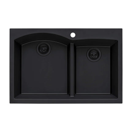 Ruvati 33 x 22 inch epiGranite Drop-in Topmount Granite Composite Double Bowl Kitchen Sink - Midnight Black - RVG1345BK Ruvati