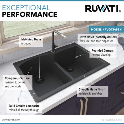 Ruvati 33 x 22 inch epiGranite Drop-in Topmount Granite Composite Double Bowl Kitchen Sink - Midnight Black - RVG1345BK Ruvati