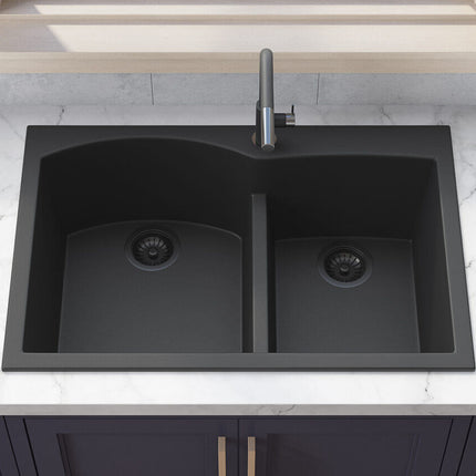 Ruvati 33 x 22 inch epiGranite Drop-in Topmount Granite Composite Double Bowl Kitchen Sink - Midnight Black - RVG1345BK Ruvati