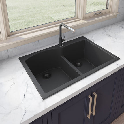 Ruvati 33 x 22 inch epiGranite Drop-in Topmount Granite Composite Double Bowl Kitchen Sink - Midnight Black - RVG1345BK Ruvati