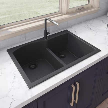 Ruvati 33 x 22 inch epiGranite Drop-in Topmount Granite Composite Double Bowl Kitchen Sink - Midnight Black - RVG1345BK Ruvati
