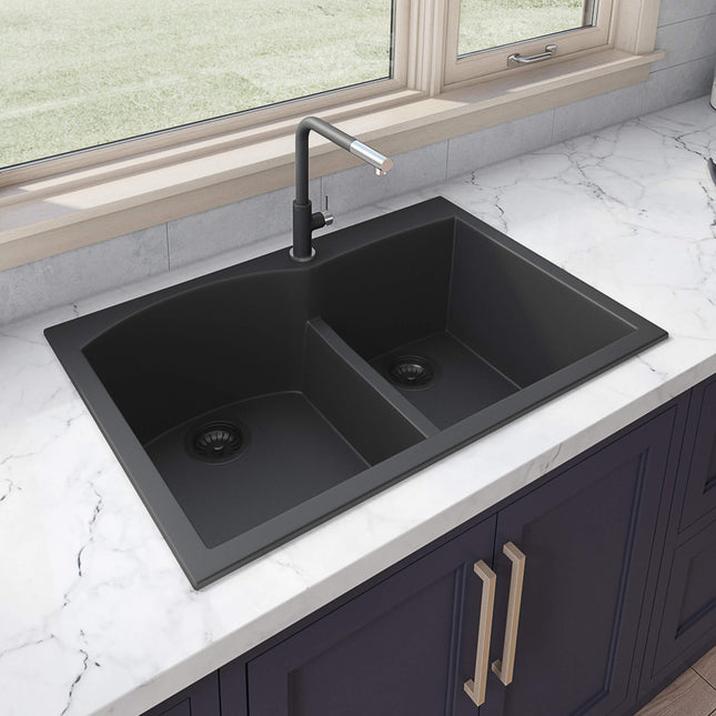 Ruvati 33 x 22 inch epiGranite Drop-in Topmount Granite Composite Double Bowl Kitchen Sink - Midnight Black - RVG1345BK Ruvati