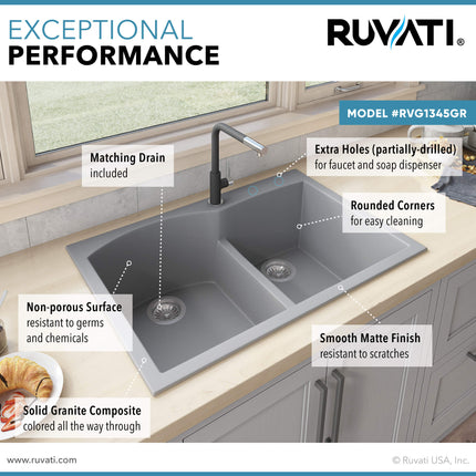 Ruvati 33 x 22 inch epiGranite Drop-in Topmount Granite Composite Double Bowl Kitchen Sink - Silver Gray - RVG1345GR Ruvati
