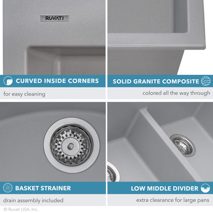 Ruvati 33 x 22 inch epiGranite Drop-in Topmount Granite Composite Double Bowl Kitchen Sink - Silver Gray - RVG1345GR Ruvati