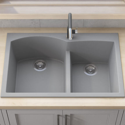 Ruvati 33 x 22 inch epiGranite Drop-in Topmount Granite Composite Double Bowl Kitchen Sink - Silver Gray - RVG1345GR Ruvati
