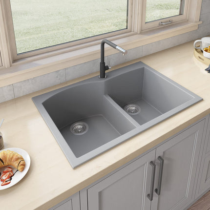 Ruvati 33 x 22 inch epiGranite Drop-in Topmount Granite Composite Double Bowl Kitchen Sink - Silver Gray - RVG1345GR Ruvati
