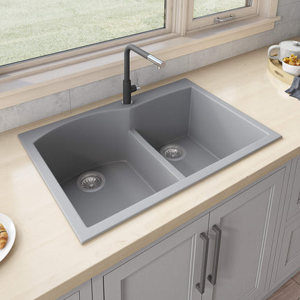 Ruvati 33 x 22 inch epiGranite Drop-in Topmount Granite Composite Double Bowl Kitchen Sink - Silver Gray - RVG1345GR Ruvati