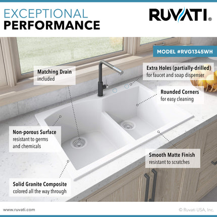 Ruvati 33 x 22 inch epiGranite Drop-in Topmount Granite Composite Double Bowl Kitchen Sink - White - RVG1345WH Ruvati