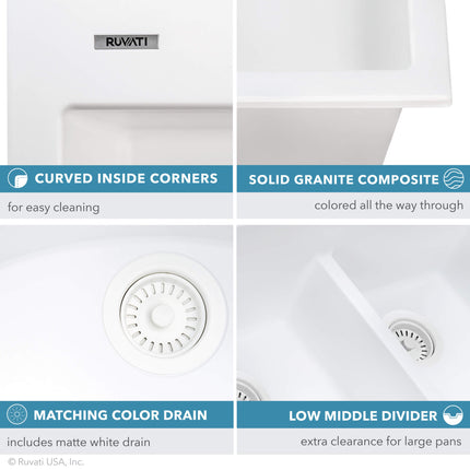 Ruvati 33 x 22 inch epiGranite Drop-in Topmount Granite Composite Double Bowl Kitchen Sink - White - RVG1345WH Ruvati