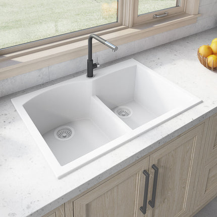 Ruvati 33 x 22 inch epiGranite Drop-in Topmount Granite Composite Double Bowl Kitchen Sink - White - RVG1345WH Ruvati