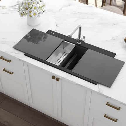 Ruvati 34 inch epiGranite Topmount Workstation Ledge Granite Composite Kitchen Sink - Midnight Black - RVG1350BK Ruvati