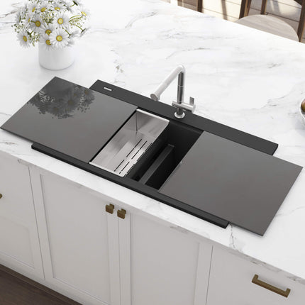 Ruvati 34 inch epiGranite Topmount Workstation Ledge Granite Composite Kitchen Sink - Midnight Black - RVG1350BK Ruvati