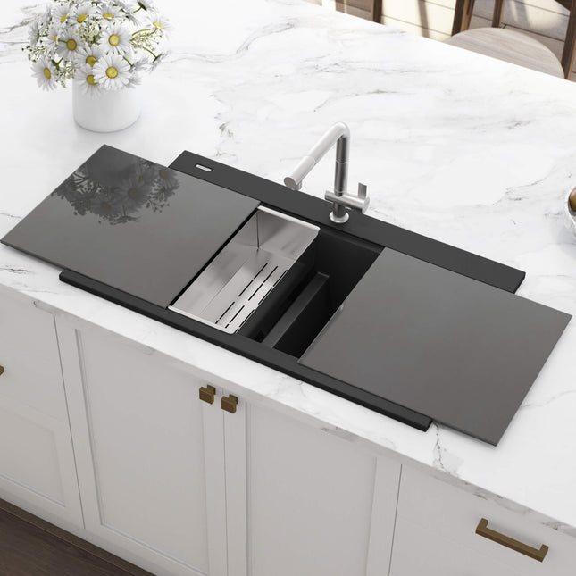Ruvati 34 inch epiGranite Topmount Workstation Ledge Granite Composite Kitchen Sink - Midnight Black - RVG1350BK Ruvati