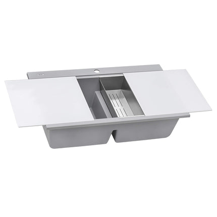 Ruvati 34 inch epiGranite Topmount Workstation Ledge Granite Composite Kitchen Sink - Silver Gray - RVG1350GR Ruvati