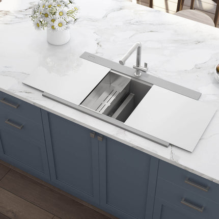 Ruvati 34 inch epiGranite Topmount Workstation Ledge Granite Composite Kitchen Sink - Silver Gray - RVG1350GR Ruvati