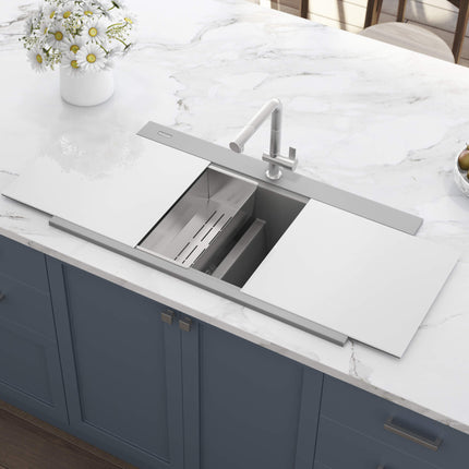 Ruvati 34 inch epiGranite Topmount Workstation Ledge Granite Composite Kitchen Sink - Silver Gray - RVG1350GR Ruvati