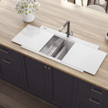Ruvati 34 inch epiGranite Topmount Workstation Ledge Granite Composite Kitchen Sink - Arctic White - RVG1350WH Ruvati
