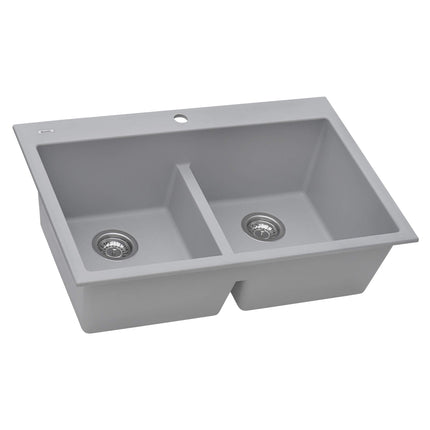 Ruvati 33 x 22 inch epiGranite Drop-in TopMount Granite Composite Double Bowl Low Divide Kitchen Sink - Silver Gray - RVG1385GR Ruvati