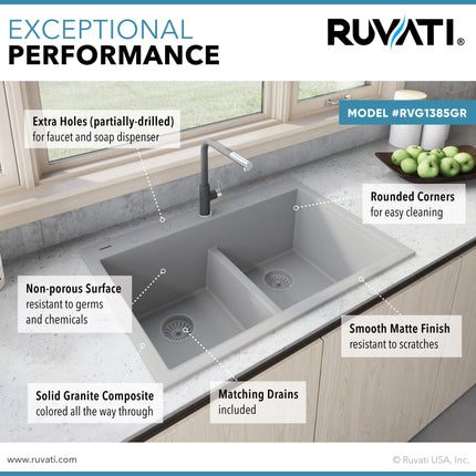 Ruvati 33 x 22 inch epiGranite Drop-in TopMount Granite Composite Double Bowl Low Divide Kitchen Sink - Silver Gray - RVG1385GR Ruvati