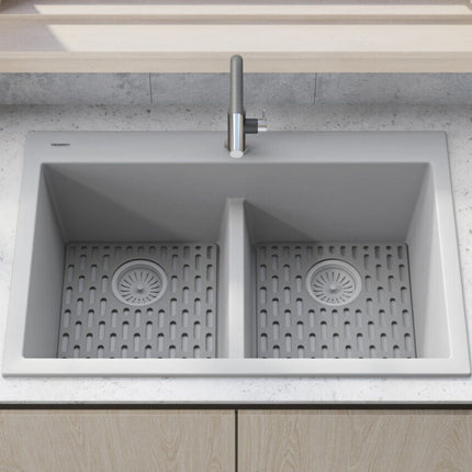 Ruvati 33 x 22 inch epiGranite Drop-in TopMount Granite Composite Double Bowl Low Divide Kitchen Sink - Silver Gray - RVG1385GR Ruvati