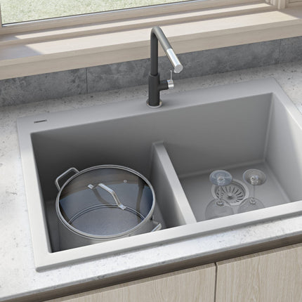Ruvati 33 x 22 inch epiGranite Drop-in TopMount Granite Composite Double Bowl Low Divide Kitchen Sink - Silver Gray - RVG1385GR Ruvati