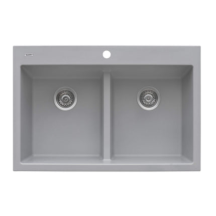 Ruvati 33 x 22 inch epiGranite Drop-in TopMount Granite Composite Double Bowl Low Divide Kitchen Sink - Silver Gray - RVG1385GR Ruvati
