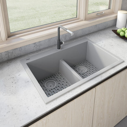 Ruvati 33 x 22 inch epiGranite Drop-in TopMount Granite Composite Double Bowl Low Divide Kitchen Sink - Silver Gray - RVG1385GR Ruvati
