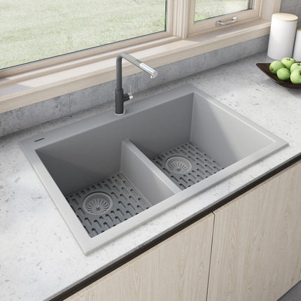 Ruvati 33 x 22 inch epiGranite Drop-in TopMount Granite Composite Double Bowl Low Divide Kitchen Sink - Silver Gray - RVG1385GR Ruvati