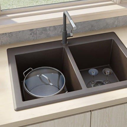 Ruvati 33 x 22 inch epiGranite Dual-Mount Granite Composite Double Bowl Kitchen Sink - Espresso Brown - RVG1338ES Ruvati