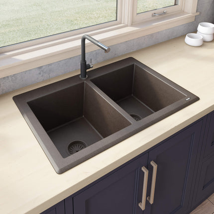 Ruvati 33 x 22 inch epiGranite Dual-Mount Granite Composite Double Bowl Kitchen Sink - Espresso Brown - RVG1338ES Ruvati