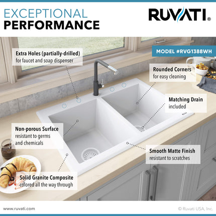 Ruvati 33 x 22 inch epiGranite Dual-Mount Granite Composite Double Bowl Kitchen Sink - Arctic White - RVG1338WH Ruvati