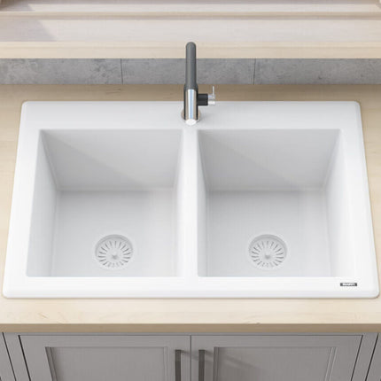 Ruvati 33 x 22 inch epiGranite Dual-Mount Granite Composite Double Bowl Kitchen Sink - Arctic White - RVG1338WH Ruvati