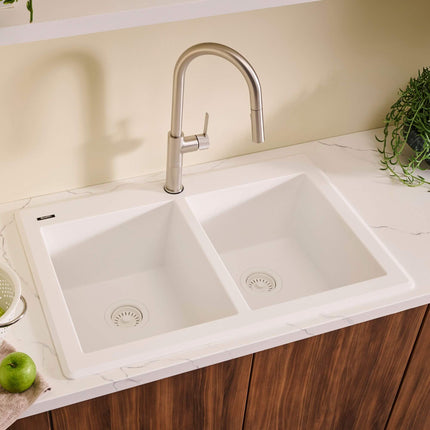 Ruvati 33 x 22 inch epiGranite Dual-Mount Granite Composite Double Bowl Kitchen Sink - Arctic White - RVG1338WH Ruvati