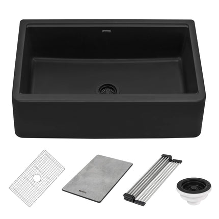 Ruvati 33-inch Matte Black Granite Farmhouse Workstation Apron-front Composite Kitchen Sink - RVG1533BK Ruvati