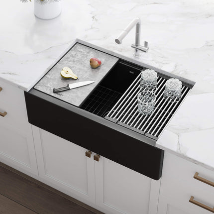 Ruvati 33-inch Matte Black Granite Farmhouse Workstation Apron-front Composite Kitchen Sink - RVG1533BK Ruvati