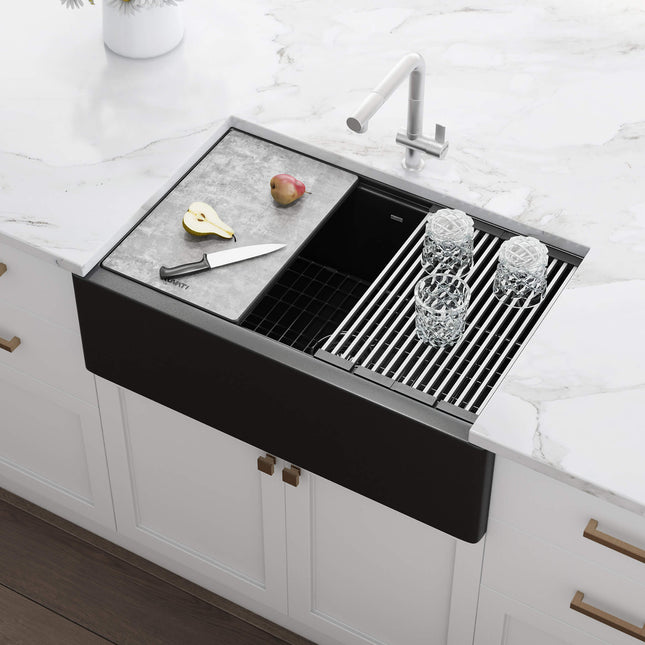 Ruvati 33-inch Matte Black Granite Farmhouse Workstation Apron-front Composite Kitchen Sink - RVG1533BK Ruvati