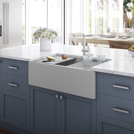 Ruvati 33-inch Matte Gray Granite Farmhouse Workstation Apron-front Composite Kitchen Sink - RVG1533GR Ruvati