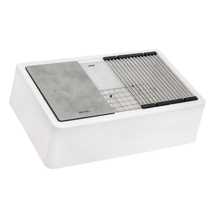 Ruvati 33-inch Matte White Granite Farmhouse Workstation Apron-front Composite Kitchen Sink - RVG1533WH Ruvati