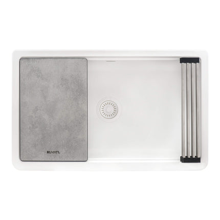 Ruvati 33-inch Matte White Granite Farmhouse Workstation Apron-front Composite Kitchen Sink - RVG1533WH Ruvati