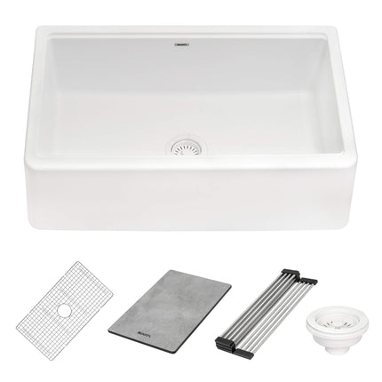 Ruvati 33-inch Matte White Granite Farmhouse Workstation Apron-front Composite Kitchen Sink - RVG1533WH Ruvati