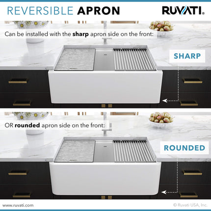 Ruvati 33-inch Matte White Granite Farmhouse Workstation Apron-front Composite Kitchen Sink - RVG1533WH Ruvati
