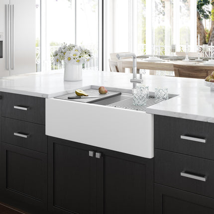 Ruvati 33-inch Matte White Granite Farmhouse Workstation Apron-front Composite Kitchen Sink - RVG1533WH Ruvati