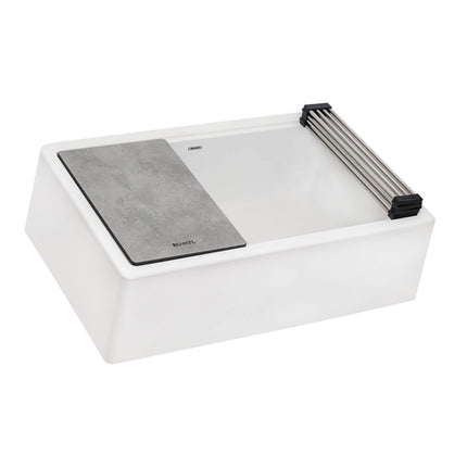 Ruvati 33-inch Matte White Granite Farmhouse Workstation Apron-front Composite Kitchen Sink - RVG1533WH Ruvati