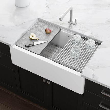 Ruvati 33-inch Matte White Granite Farmhouse Workstation Apron-front Composite Kitchen Sink - RVG1533WH Ruvati
