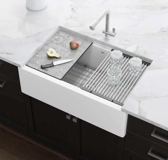 Ruvati 33-inch Matte White Granite Farmhouse Workstation Apron-front Composite Kitchen Sink - RVG1533WH Ruvati